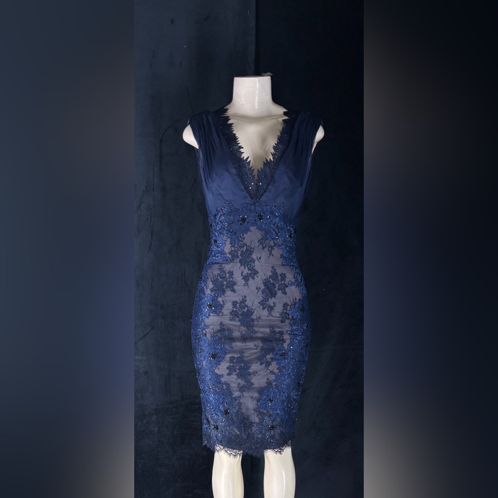 Navy Lace Embellished V-Neck Midi Dress